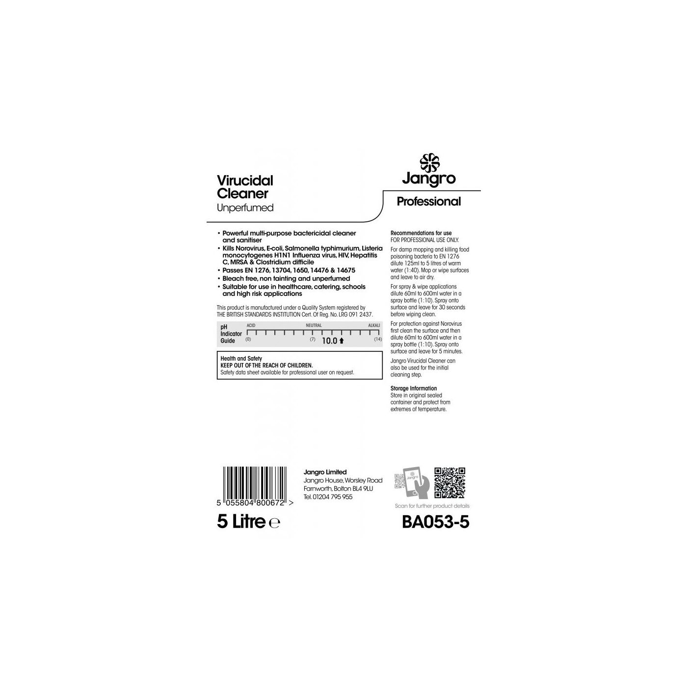 BA053-5 - Virucidal Cleaner Unperfumed 5 litre