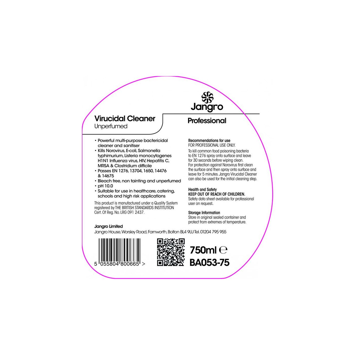 BA053-75 - Virucidal Cleaner Unperfumed 750ml Spray